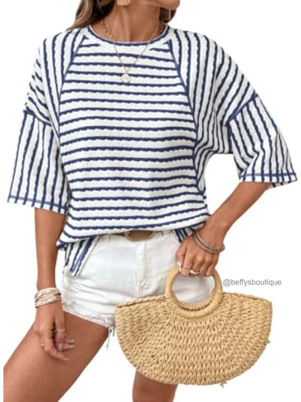 Oversized Striped Color Block Short Sleeve Crewneck Tee T-Shirt Women Casual